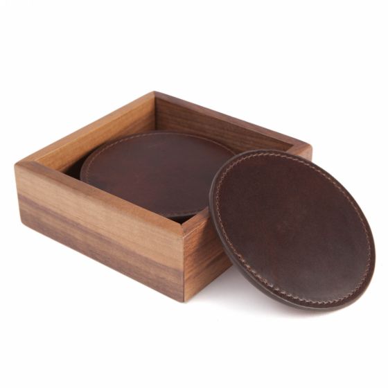 Leather Coasters with Walnut Box - Oak Hall, Inc.